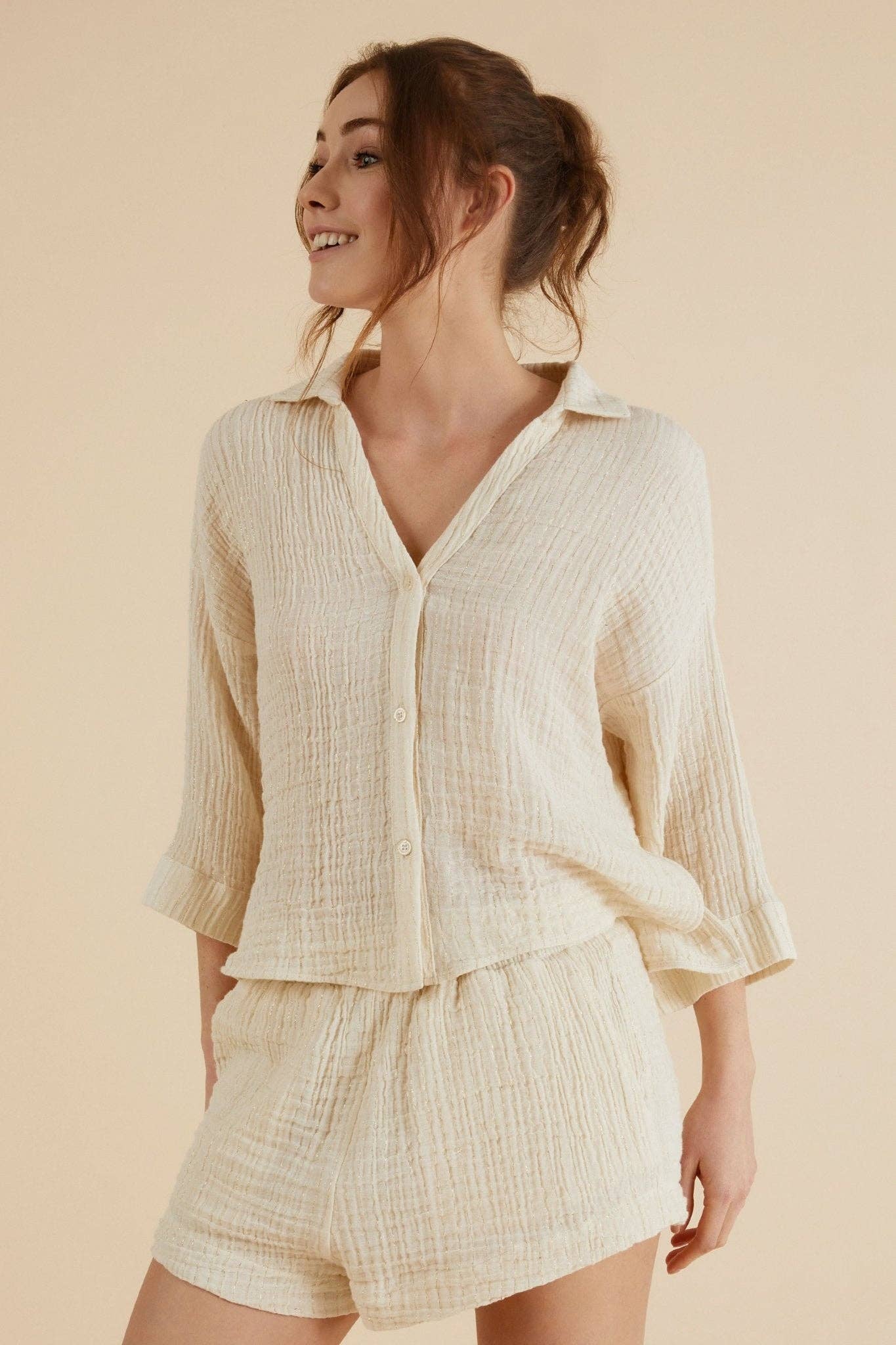 Echo Mini Shirt - Natural With Gold Stripes