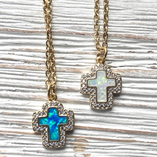 Cross necklace religious jewelry opal crystal gift