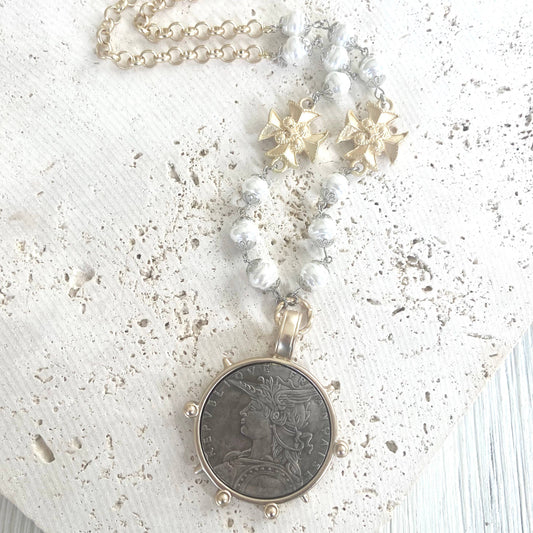 French coin medallion necklace vintage boutique jewelry